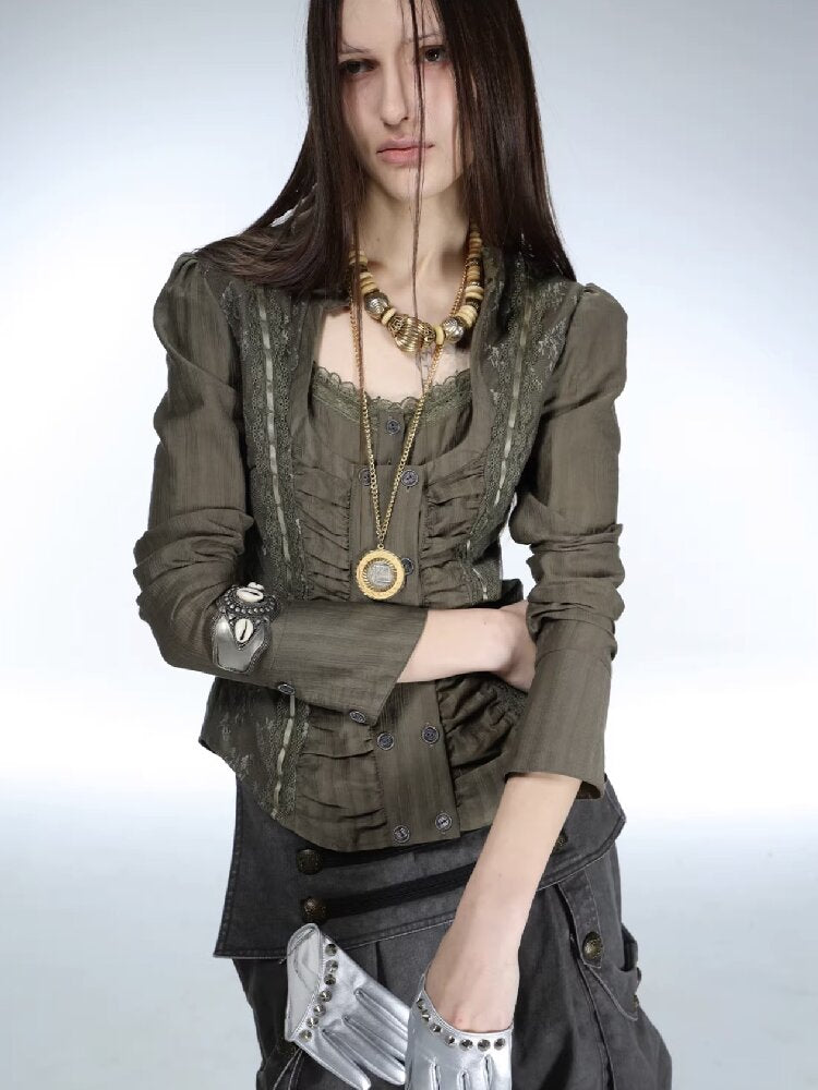 Vintage Lace Stitched Square Neck Shirt【s0000015910】