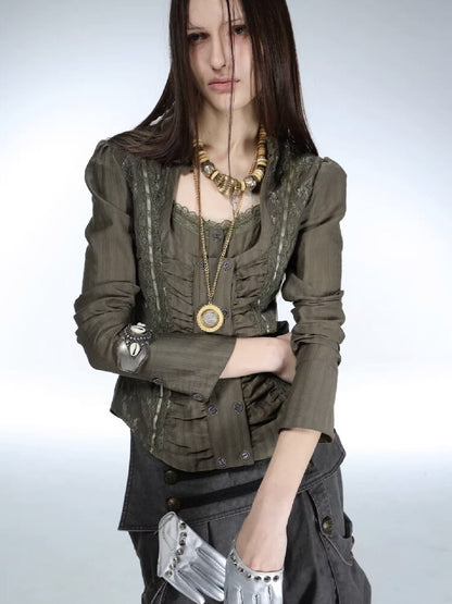 Vintage Lace Stitched Square Neck Shirt【s0000015910】