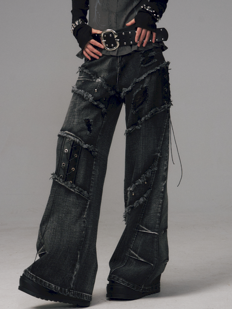 Raw-Edge Washed Distressed Riveted Pants【s0000014453】