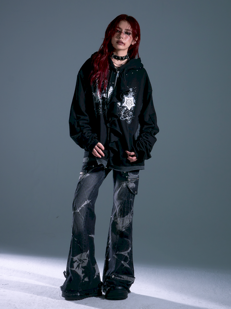Ruffled Print Hoodie Cardigan【s0000013917】