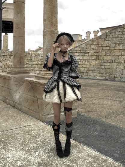Plaid Lace Tie Bubble Sleeve Rose Set【s0000012437】