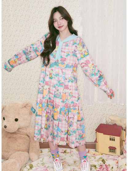 Pink Bear Illustration Print Dress【s0000014496】