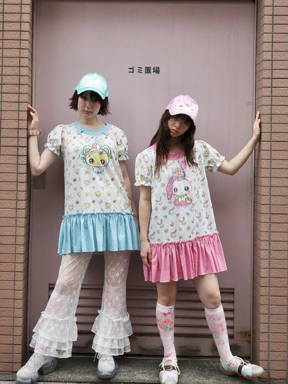 Printed Bear Bunny Fake Two Piece Dress【s0000017764】