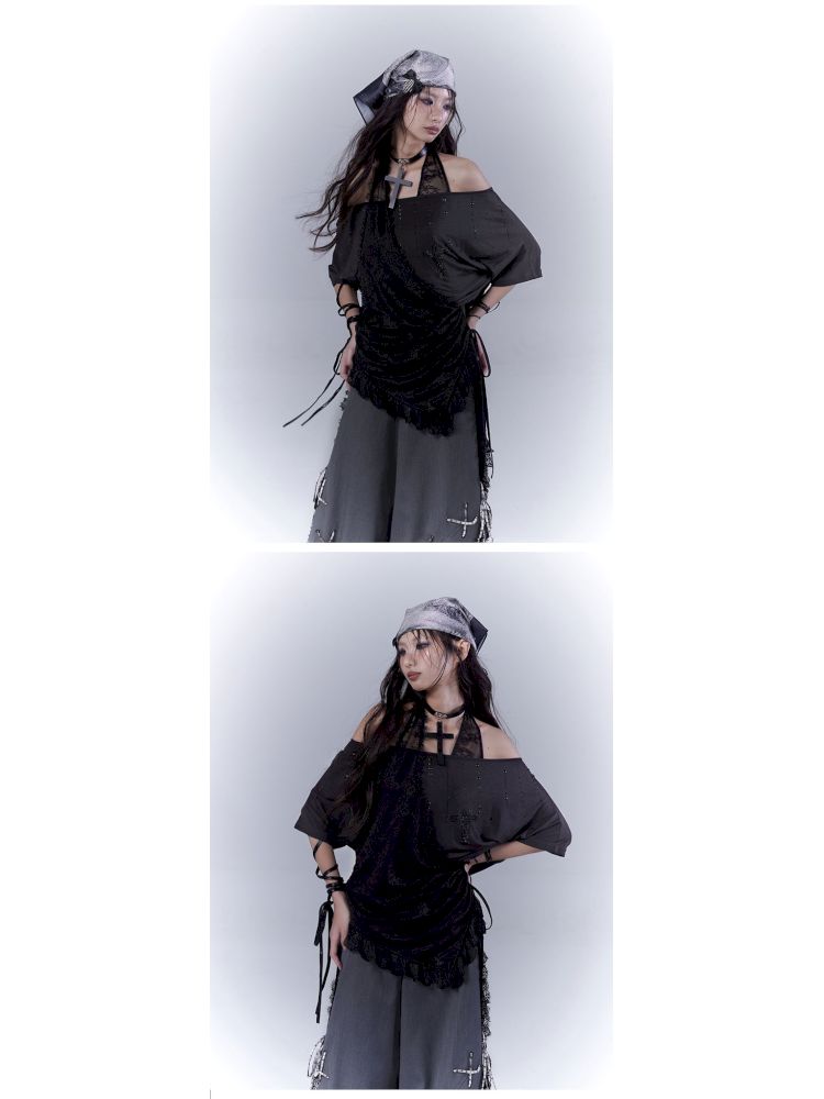 Lazy style rhinestone black T-shirt【s0000012844】