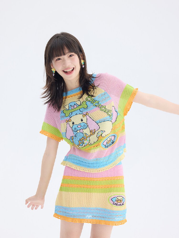 Hollow Knit Puppy Mini Skirt Set【s0000017689】