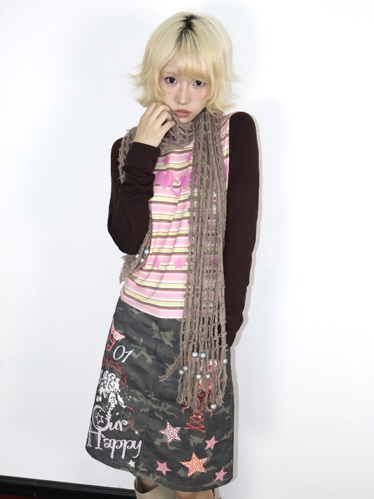 Old Asian Print Striped Elastic Top【s0000018672】