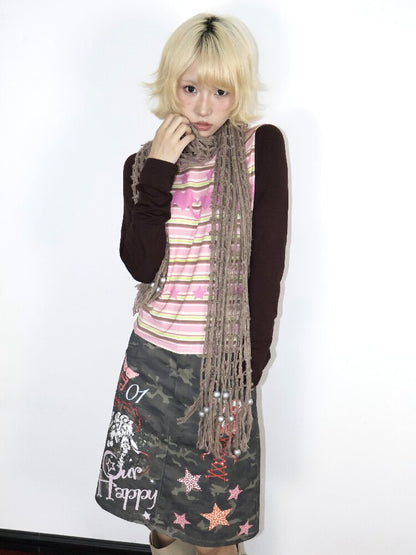 Old Asian Print Striped Elastic Top【s0000018672】