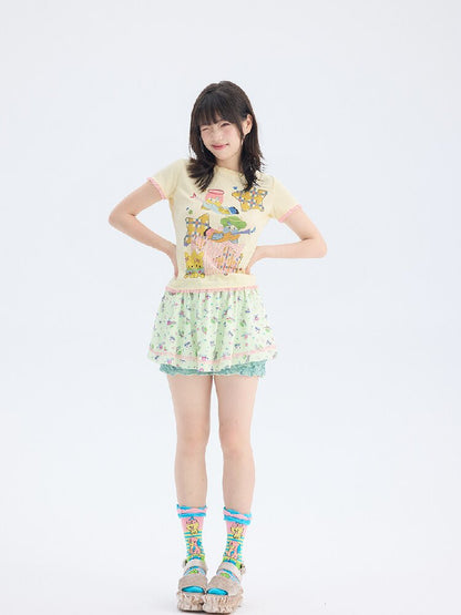 Star Angel Print Lace Short Sleeve Tee【s0000017696】