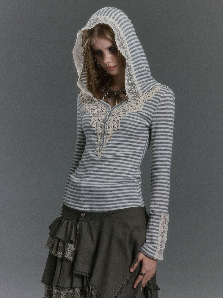 Lace Patchwork Striped Knit Top【s0000019240】