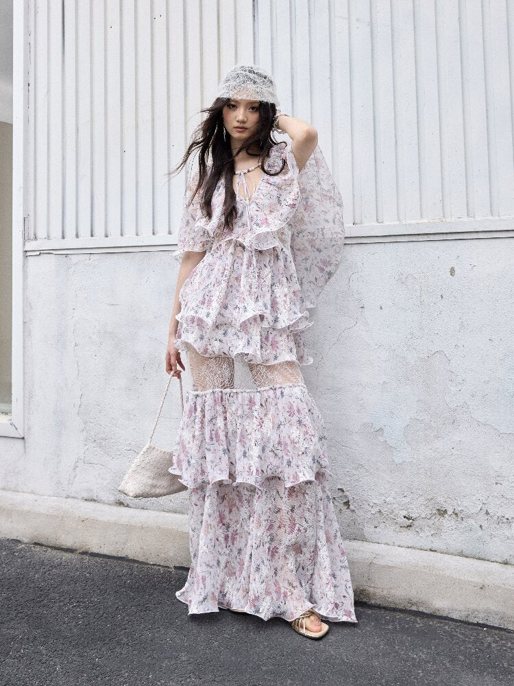Retro Wilderness Floral Ruffled Dress【s0000016861】