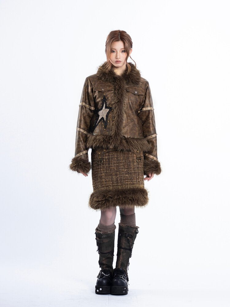 Patchwork PU Fur Rivet Skirt Set【s0000018047】