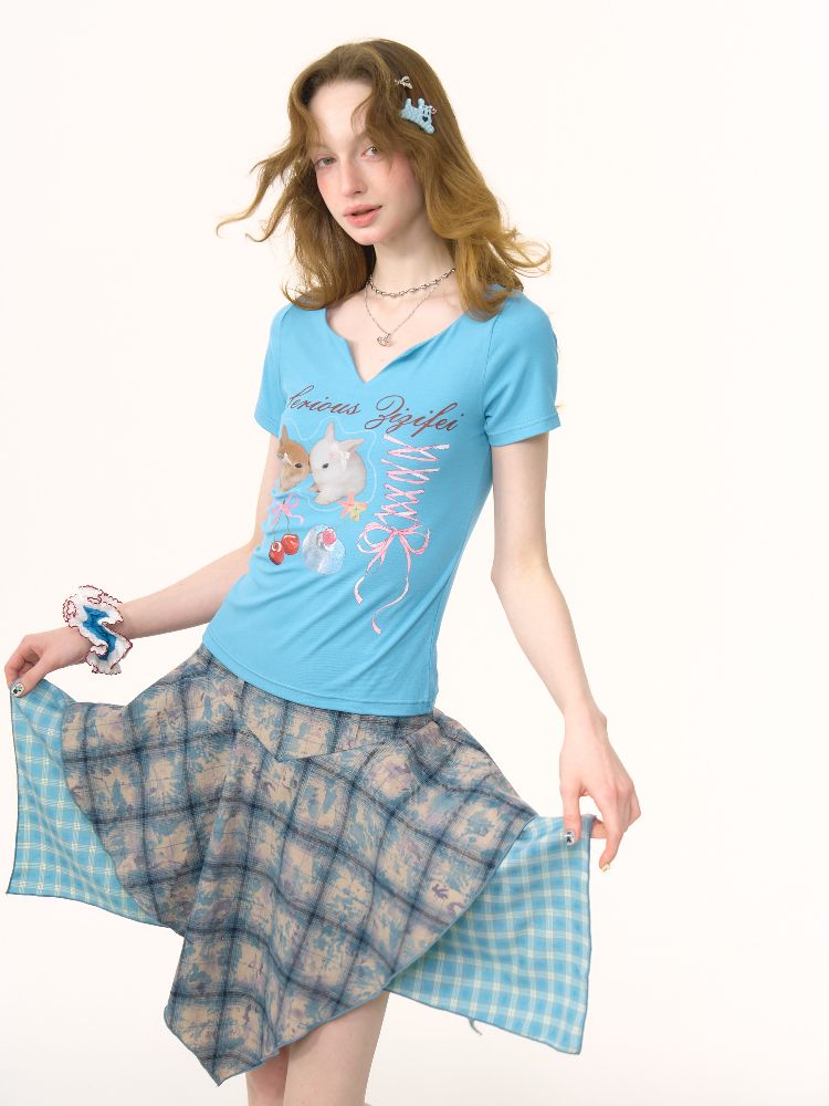 V-neck Rabbit Print Slim Thin Tops【s0000012252】