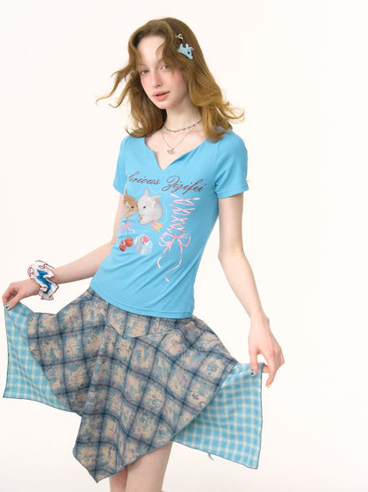 V-neck Rabbit Print Slim Thin Tops【s0000012252】