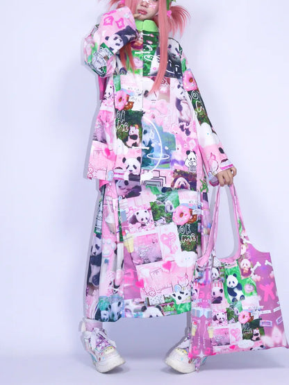 Panda Collage Print Stand Collar Long-Sleeve Top【s0000013981】