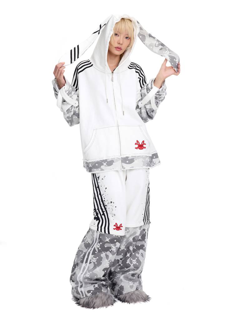 Skull Print Puff Sleeve Rabbit Ear Hoodie Jacket【s0000014419】