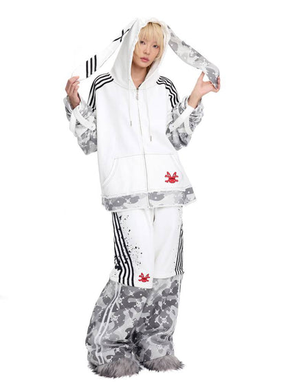 Skull Print Puff Sleeve Rabbit Ear Hoodie Jacket【s0000014419】