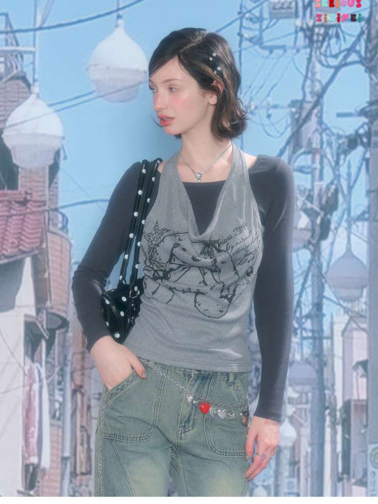 Rabbit Print Slim Halterneck Top【s0000015436】