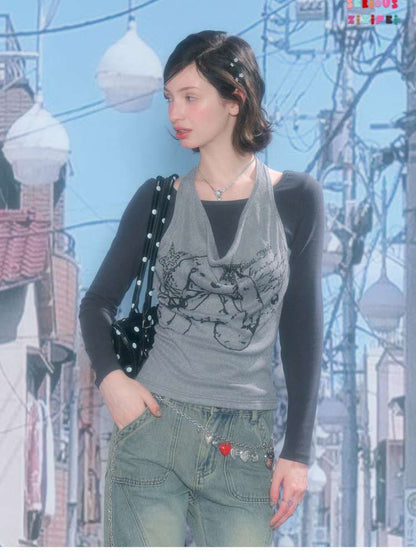 Rabbit Print Slim Halterneck Top【s0000015436】