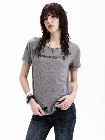 Vintage Faded Gray Damaged T-Shirt【s0000018295】