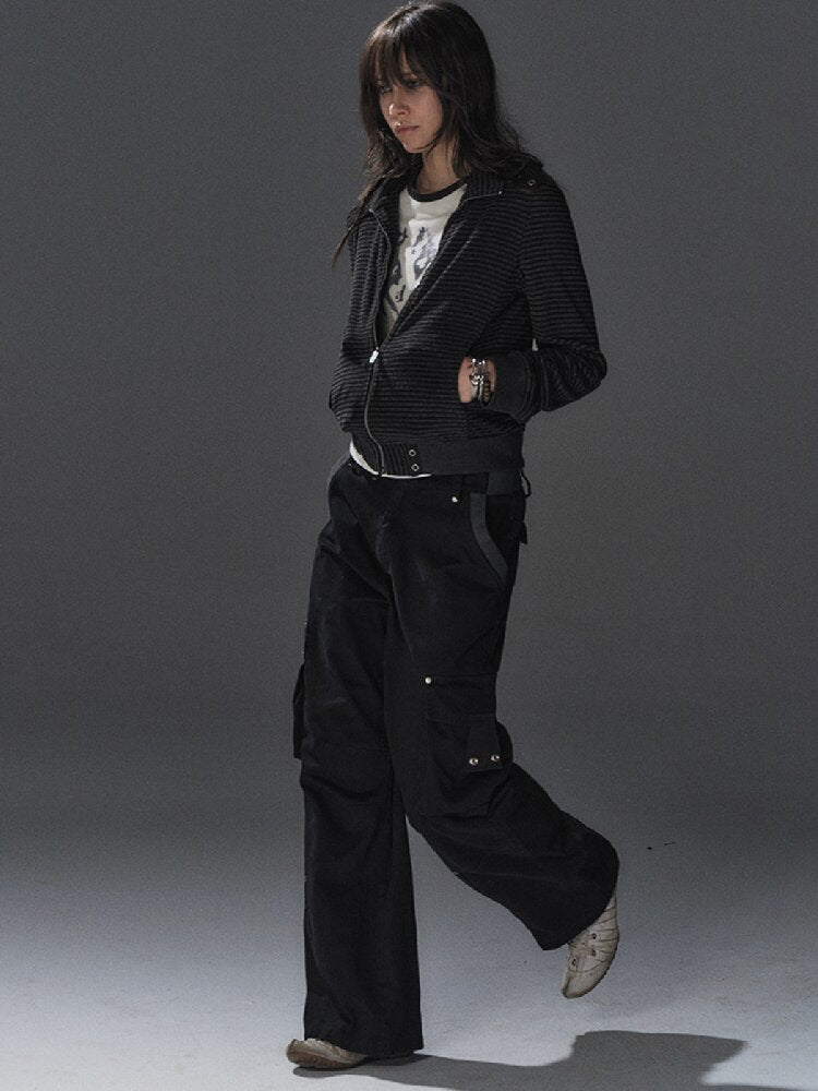 Ribbed Multi Pocket Black Trousers【s0000016230】