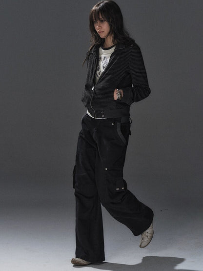 Ribbed Multi Pocket Black Trousers【s0000016230】