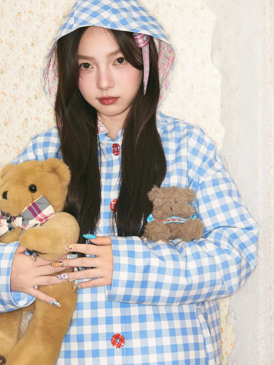 Blue plaid detachable-hood trench coat【s0000014149】