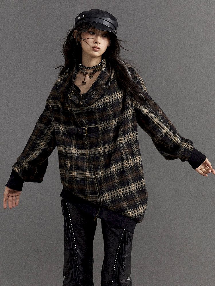 LOOSE PLAID ASYMMETRICAL SWEATER JACKET [S0000010326]