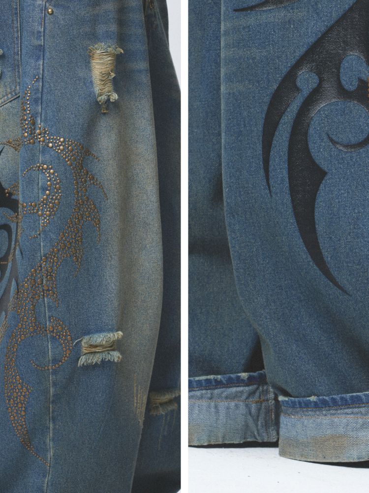 Distressed loose cuffed jeans【s0000012685】