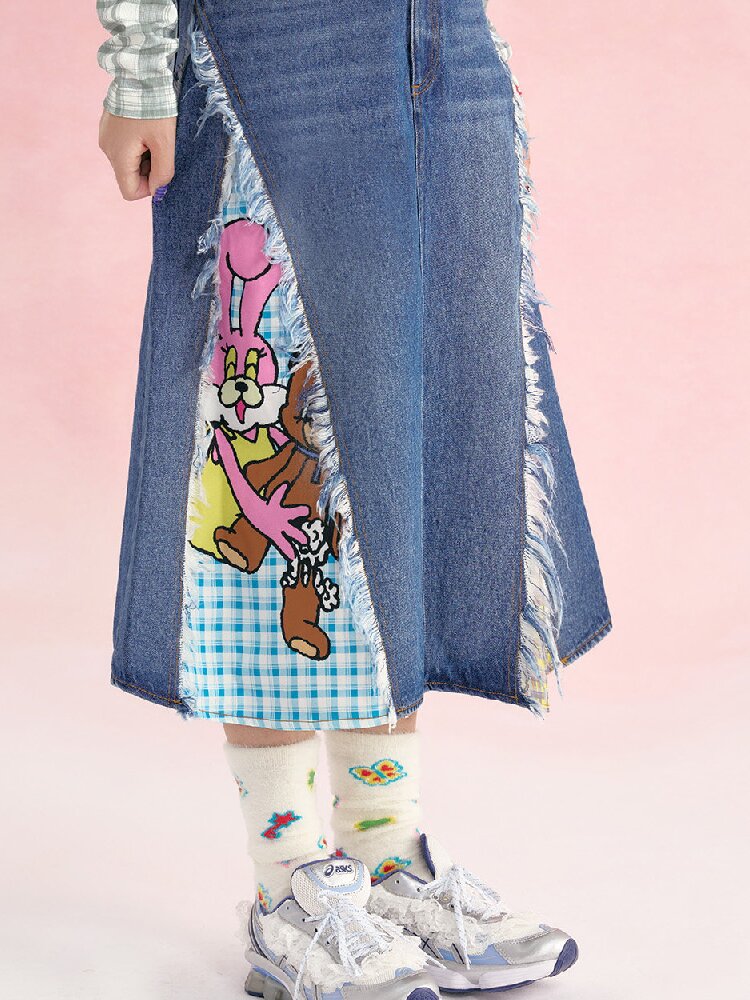 Denim Patchwork Tassel Frayed Plaid Skirt【s0000019253】