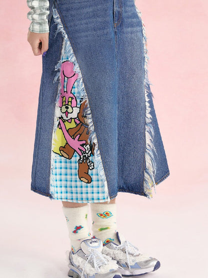 Denim Patchwork Tassel Frayed Plaid Skirt【s0000019253】