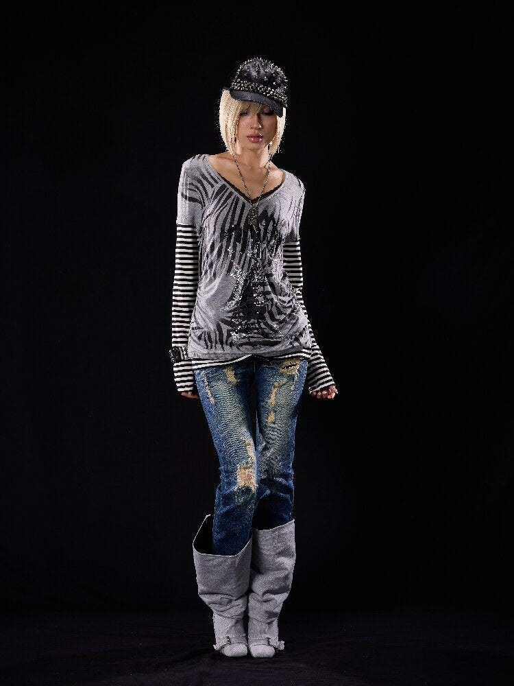 Elastic Cross Riveted Flared Jeans【s0000018512】
