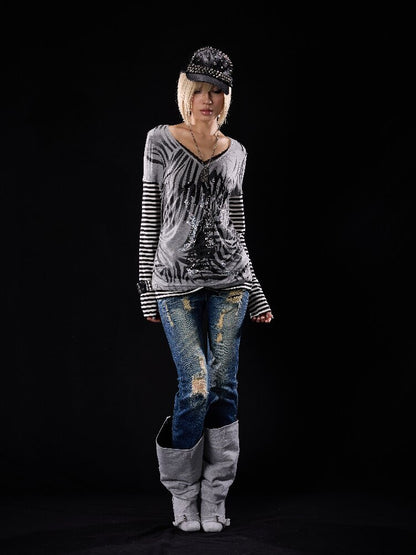 Elastic Cross Riveted Flared Jeans【s0000018512】
