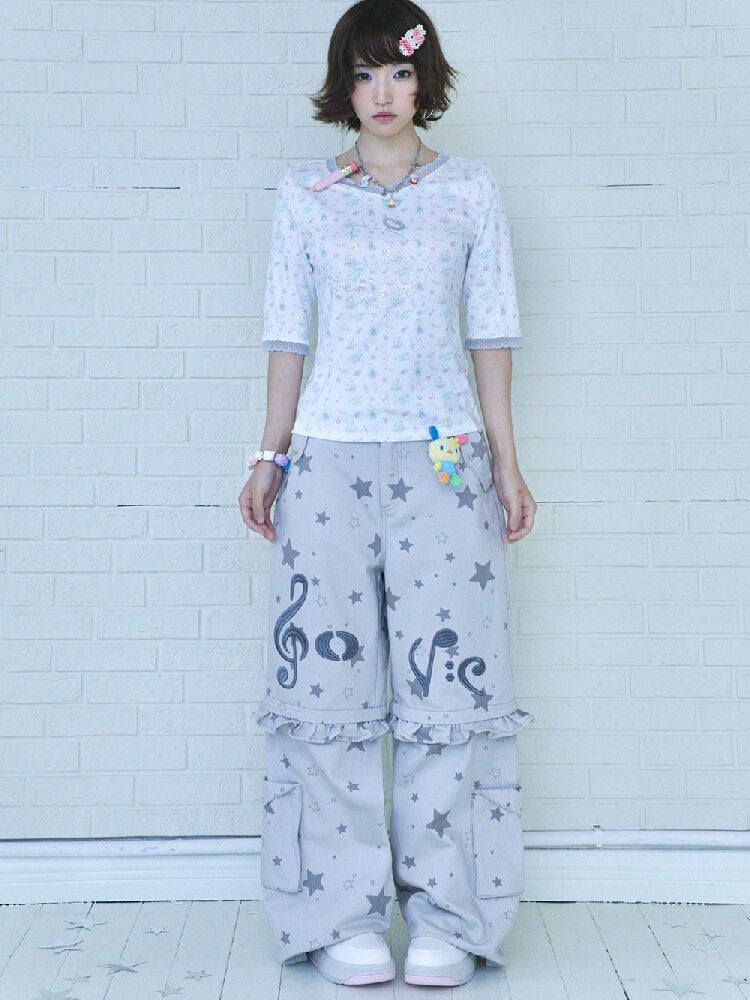 Embroidery Star Wide Leg Pants【s0000017129】