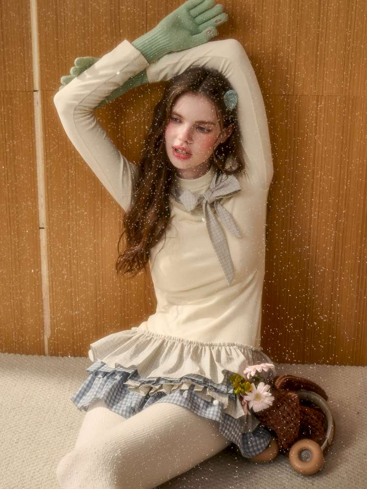 Organic Cotton Lake Blue Spliced Pleated Skirt【s0000014889】