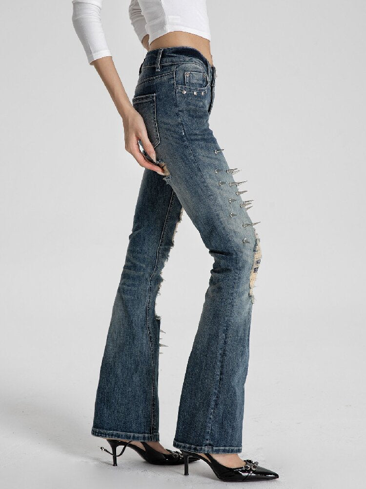Spiked Snake Print Ripped Jeans【s0000018560】