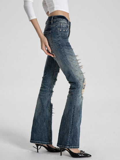 Spiked Snake Print Ripped Jeans【s0000018560】