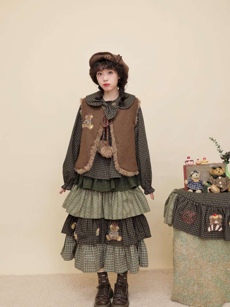 Vintage Girl Wool Plush Chef Bear Vest【s0000014845】