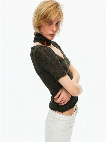 Cut Out Cable V-Neck Knit Top【s0000015928】