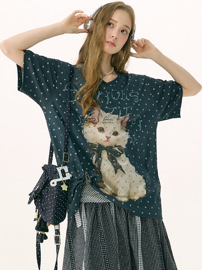 Loose Polka Dot Cat Print T-Shirt【s0000016856】