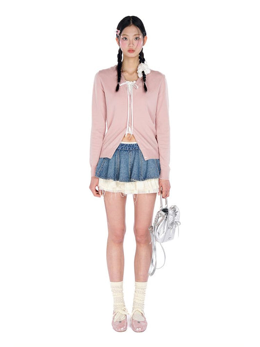 College style bow wheat crest V-neck cardigan【s0000008677】