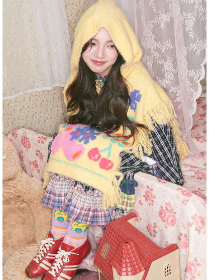 Yellow Bear Knit Shawl Tassel Hooded Cape【s0000014821】