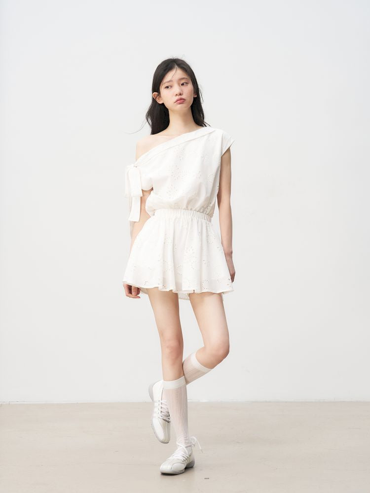 French Hollow Flower Slant Shoulder Dress【s0000013236】
