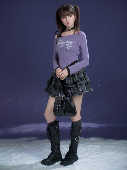 Black Purple Print Fake Two Tee【s0000015469】