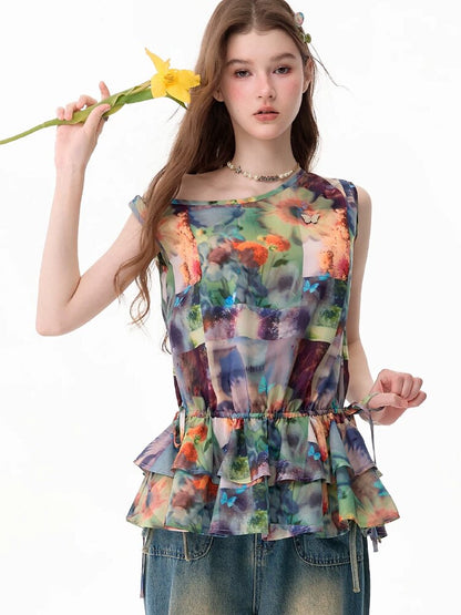 Summer Ruffle Oil Painting Vest【s0000017748】