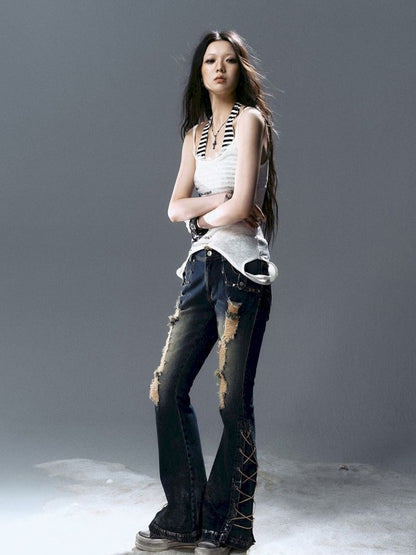 No-wash slim-fit ripped low-rise jeans【s0000012805】