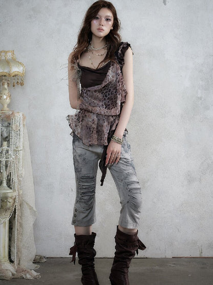 Distressed Lace Print Cropped Pants【s0000017860】