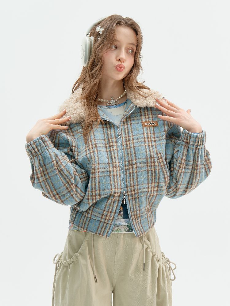 모피 칼라 슬림 블루 격자 무늬 짧은 코트 [S0000011507]