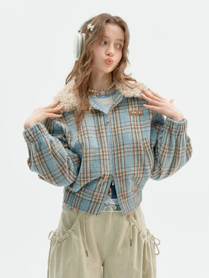 모피 칼라 슬림 블루 격자 무늬 짧은 코트 [S0000011507]