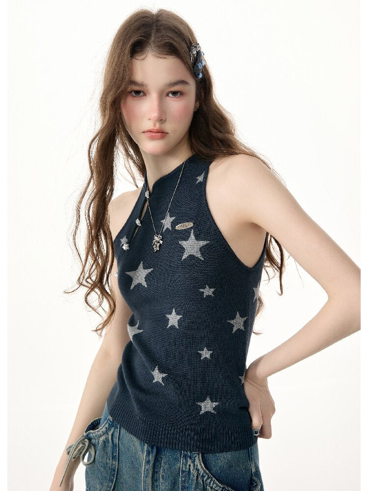 Summer Lazy Star Print Halter Knit Tank Top【s0000017254】