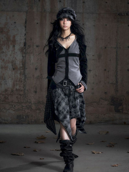 Hooded False Two Black Gray Knit Cardigan【s0000013890】